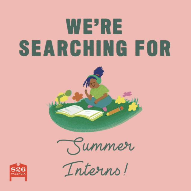 A graphic illustration promoting the search for summer interns, featuring a person reading a book while reclining on a grassy area with flowers.